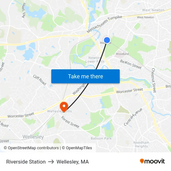 Riverside Station to Wellesley, MA map