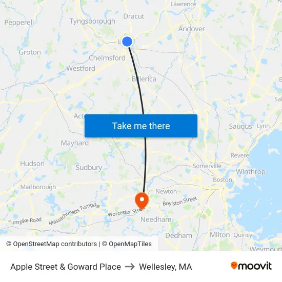 Apple Street & Goward Place to Wellesley, MA map