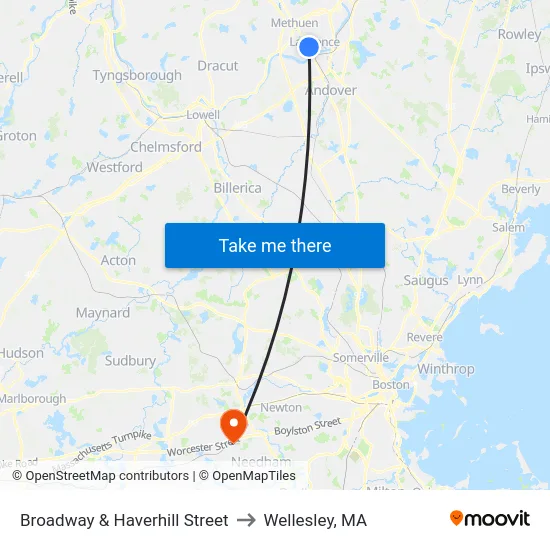 Broadway & Haverhill Street to Wellesley, MA map
