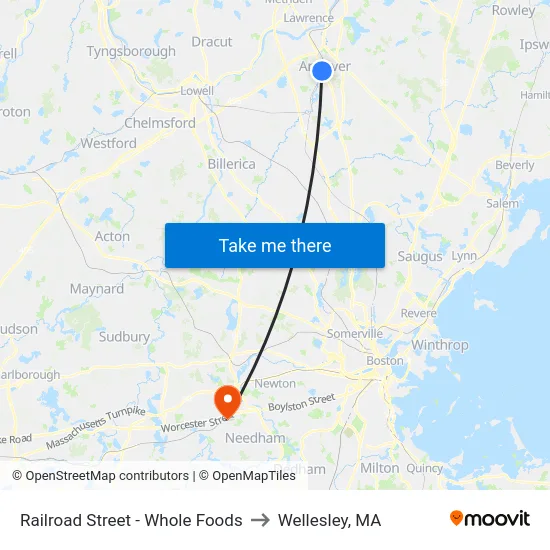 Railroad Street - Whole Foods to Wellesley, MA map