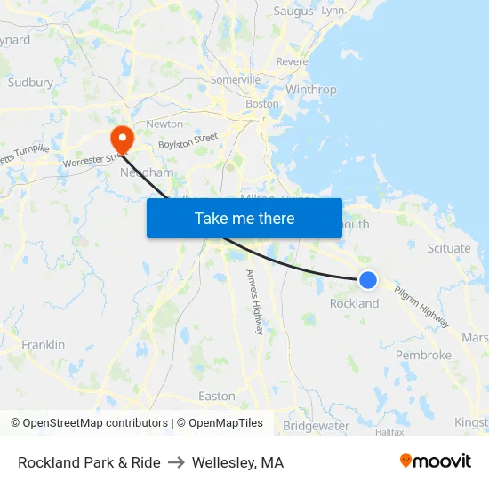 Rockland Park & Ride to Wellesley, MA map