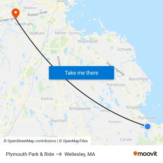 Plymouth Park & Ride to Wellesley, MA map