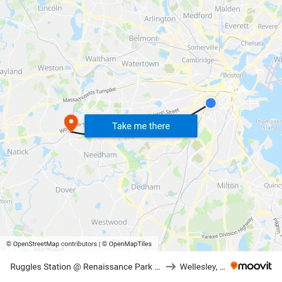 Ruggles Station @ Renaissance Park Garage to Wellesley, MA map