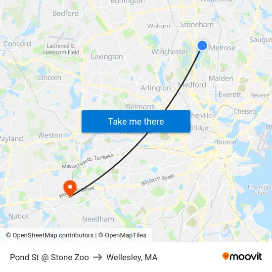 Pond St @ Stone Zoo to Wellesley, MA map