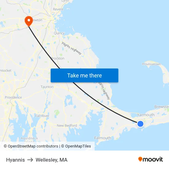 Hyannis to Wellesley, MA map