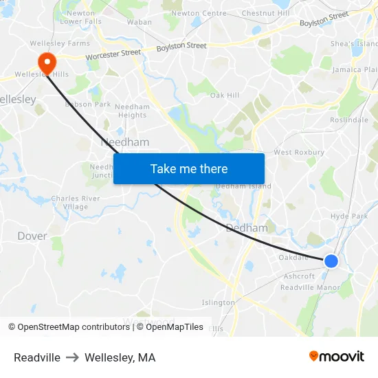 Readville to Wellesley, MA map
