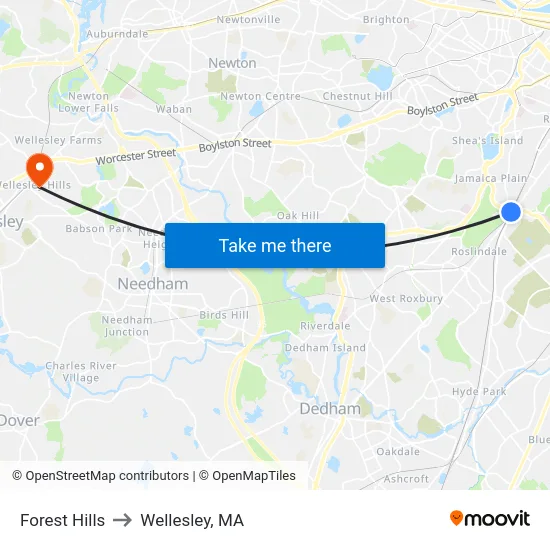 Forest Hills to Wellesley, MA map