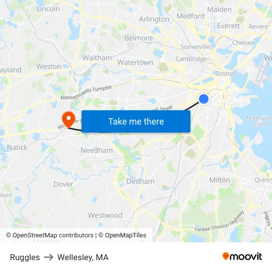 Ruggles to Wellesley, MA map