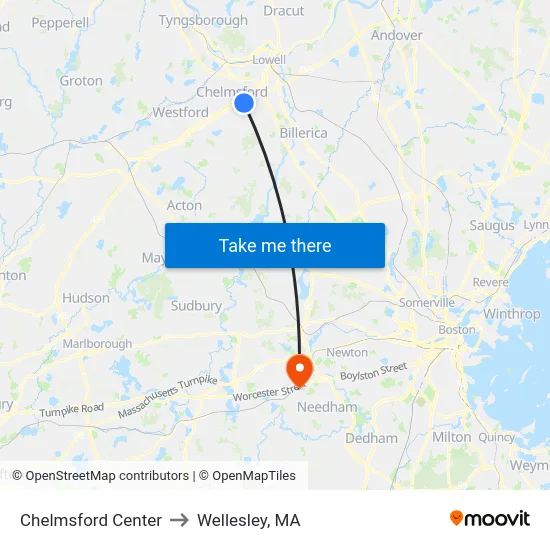Chelmsford Center to Wellesley, MA map