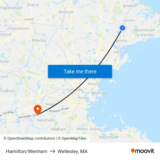 Hamilton/Wenham to Wellesley, MA map