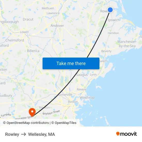 Rowley to Wellesley, MA map