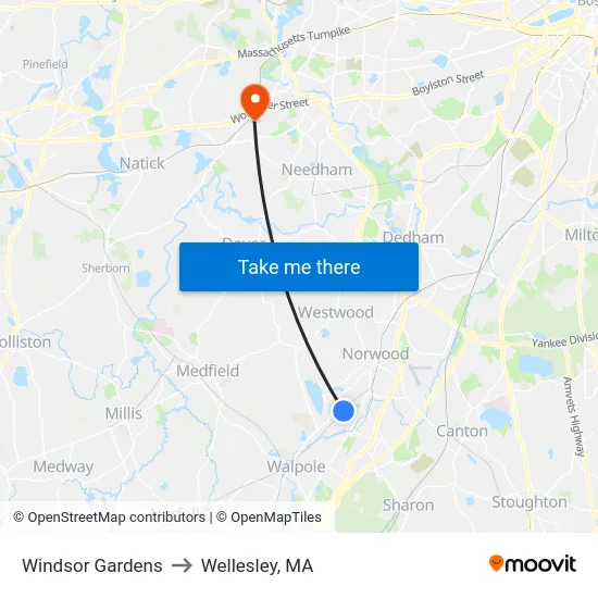 Windsor Gardens to Wellesley, MA map