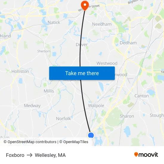 Foxboro to Wellesley, MA map