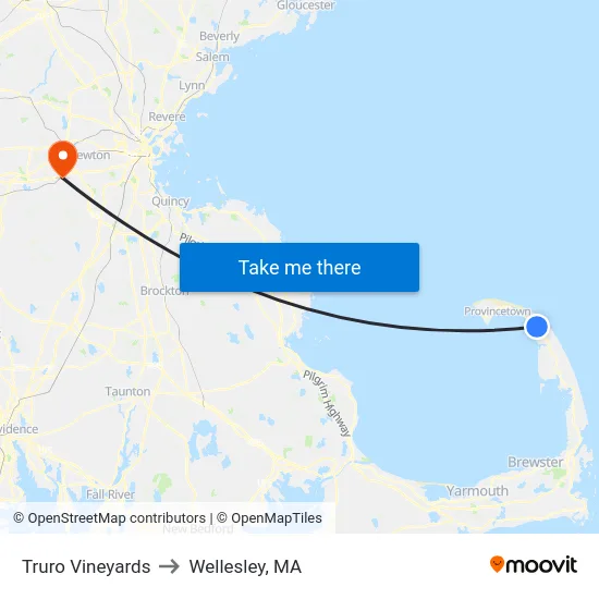 Truro Vineyards to Wellesley, MA map