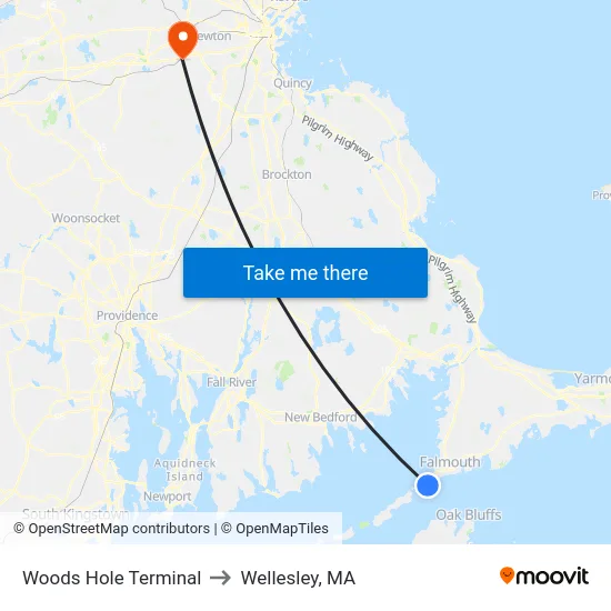 Woods Hole Terminal to Wellesley, MA map