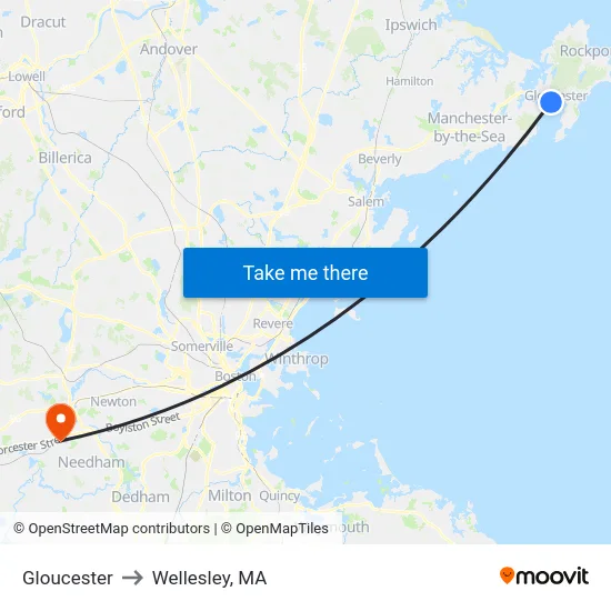 Gloucester to Wellesley, MA map