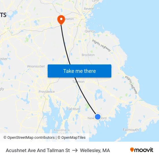 Acushnet Ave And Tallman St to Wellesley, MA map
