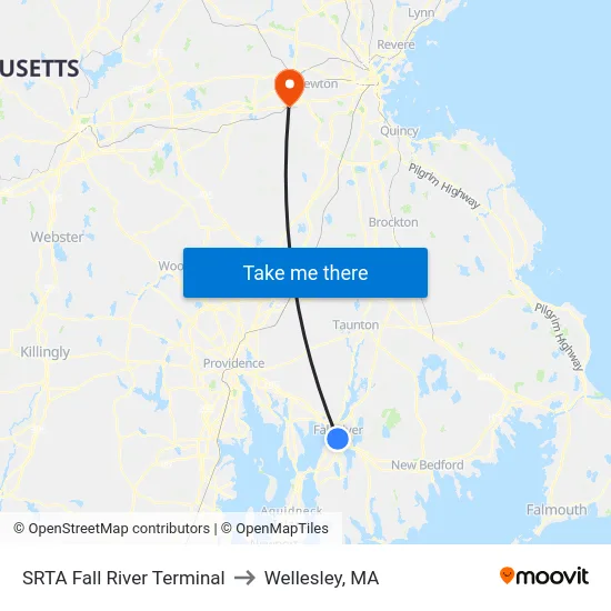 SRTA Fall River Terminal to Wellesley, MA map