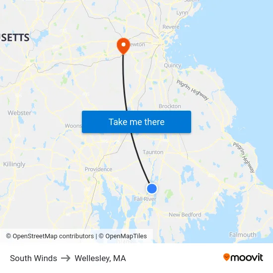 South Winds to Wellesley, MA map