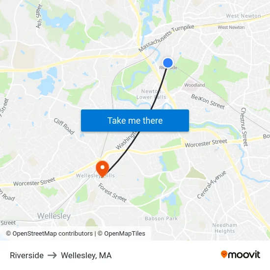 Riverside to Wellesley, MA map