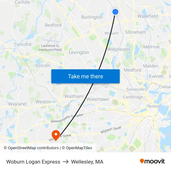 Woburn Logan Express to Wellesley, MA map
