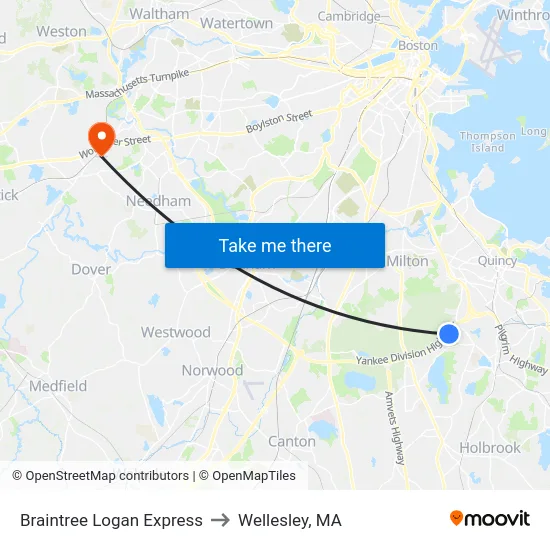 Braintree Logan Express to Wellesley, MA map
