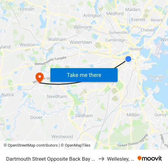 Dartmouth Street Opposite Back Bay Station to Wellesley, MA map