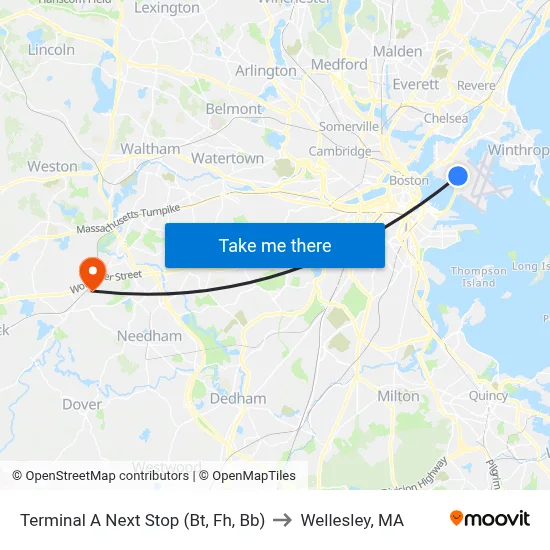 Terminal A Next Stop (Bt, Fh, Bb) to Wellesley, MA map