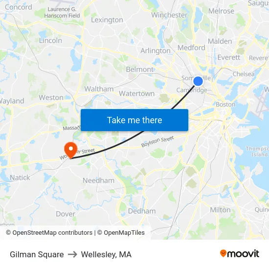 Gilman Square to Wellesley, MA map