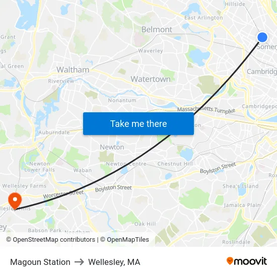 Magoun Station to Wellesley, MA map