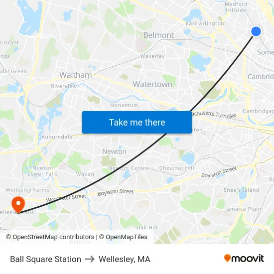Ball Square Station to Wellesley, MA map