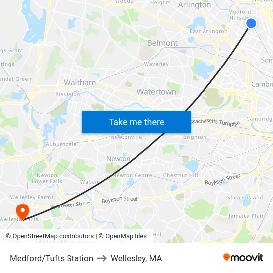 Medford/Tufts Station to Wellesley, MA map