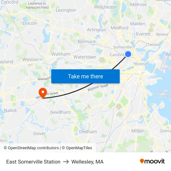 East Somerville Station to Wellesley, MA map