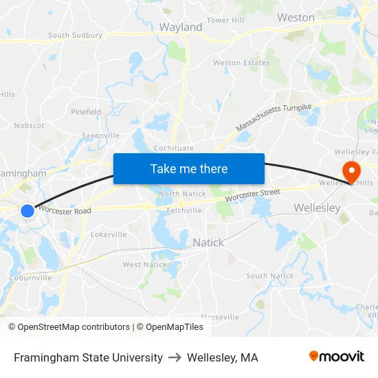 Framingham State University to Wellesley, MA map