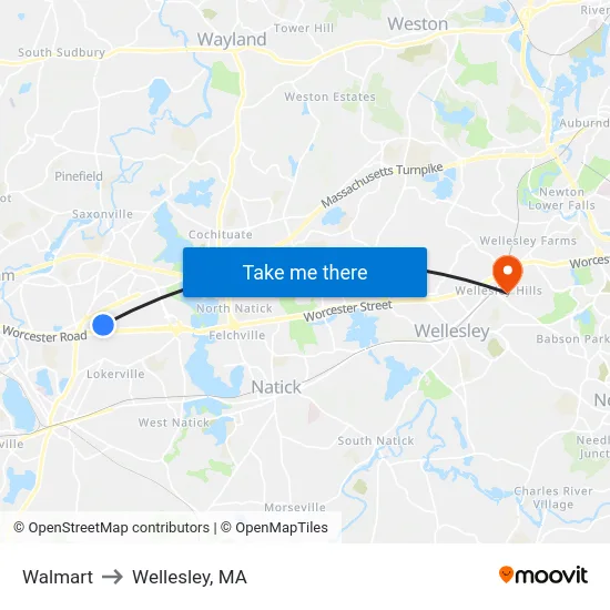Walmart to Wellesley, MA map