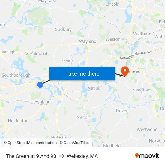 The Green at 9 And 90 to Wellesley, MA map