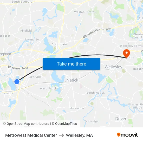 Metrowest Medical Center to Wellesley, MA map