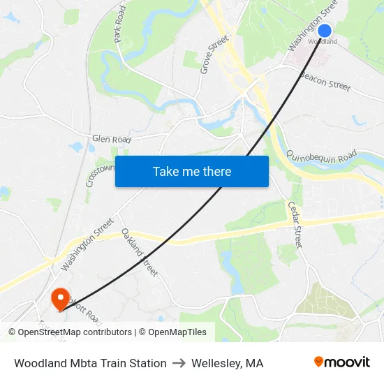 Woodland Mbta Train Station to Wellesley, MA map