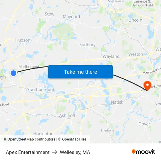 Apex Entertainment to Wellesley, MA map