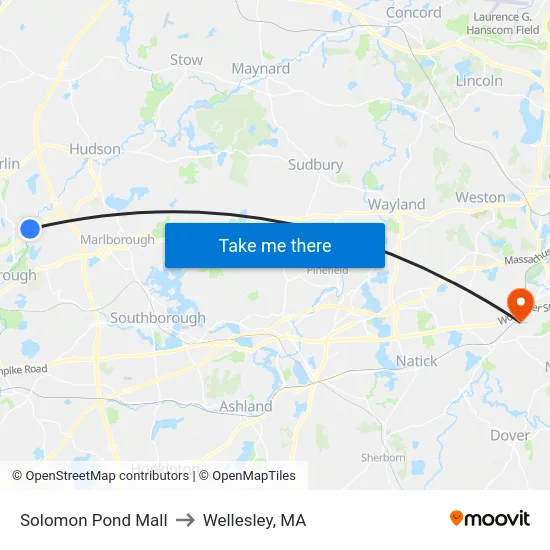 Solomon Pond Mall to Wellesley, MA map