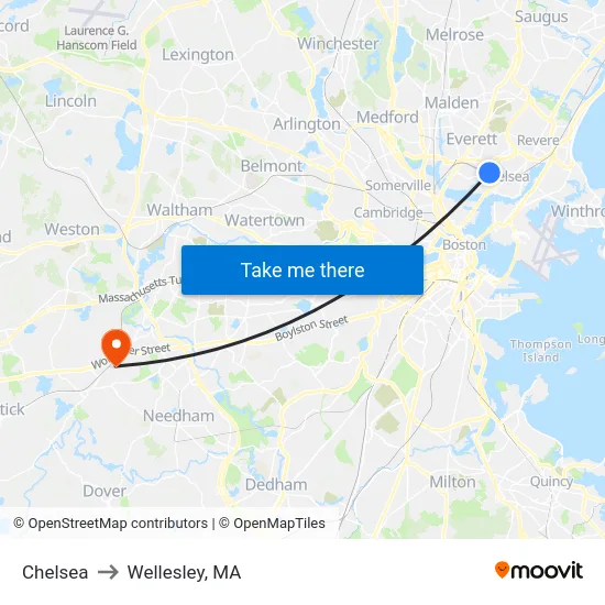 Chelsea to Wellesley, MA map
