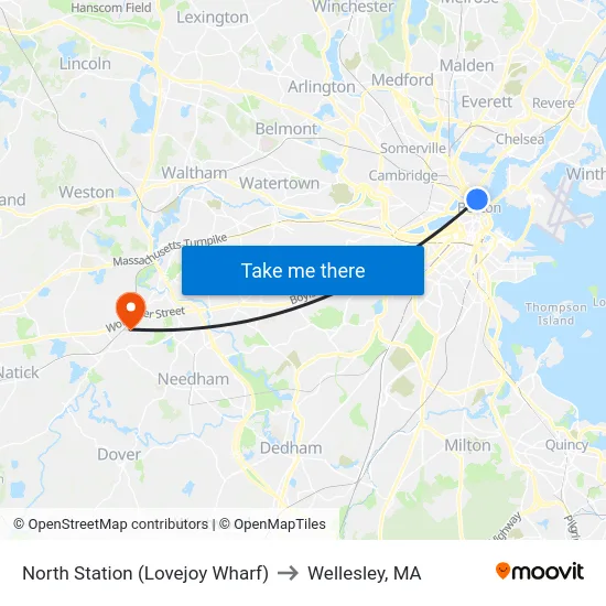 North Station (Lovejoy Wharf) to Wellesley, MA map