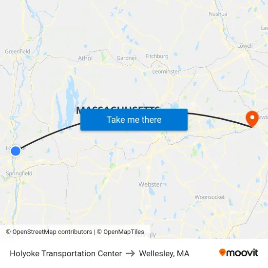 Holyoke Transportation Center to Wellesley, MA map