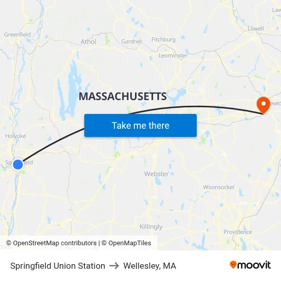 Springfield Union Station to Wellesley, MA map