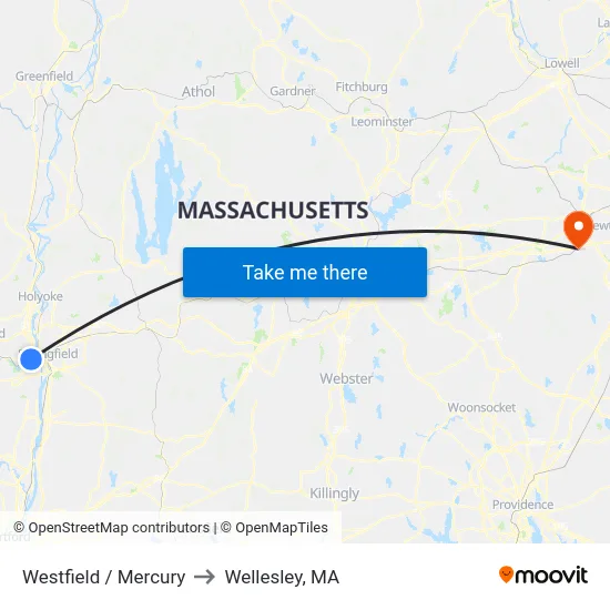 Westfield / Mercury to Wellesley, MA map