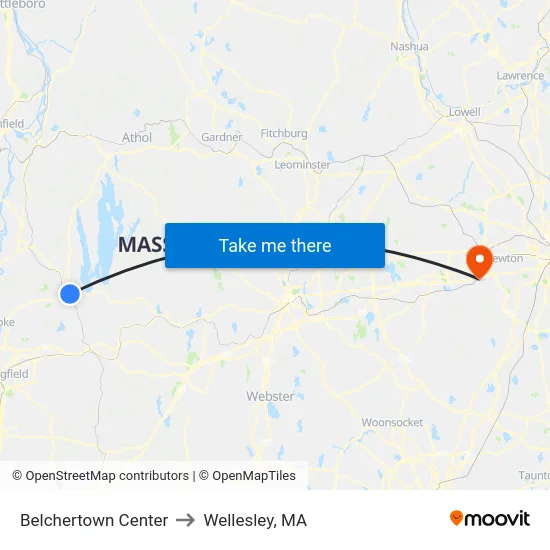 Belchertown Center to Wellesley, MA map