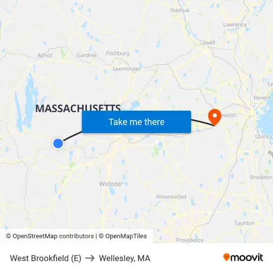 West Brookfield (E) to Wellesley, MA map
