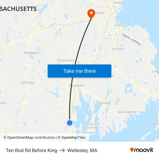 Ten Rod Rd Before King to Wellesley, MA map
