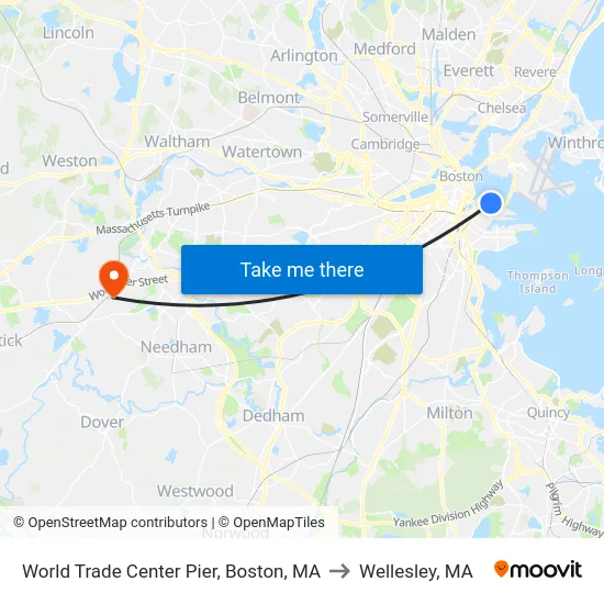 World Trade Center Pier, Boston, MA to Wellesley, MA map