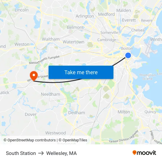 South Station to Wellesley, MA map